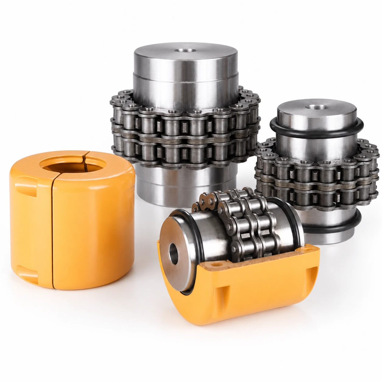 Roller chain coupling with protective covers